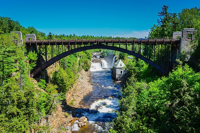 Bridge and Rainbow Falls at Ausable Chasm in Upstate New York.