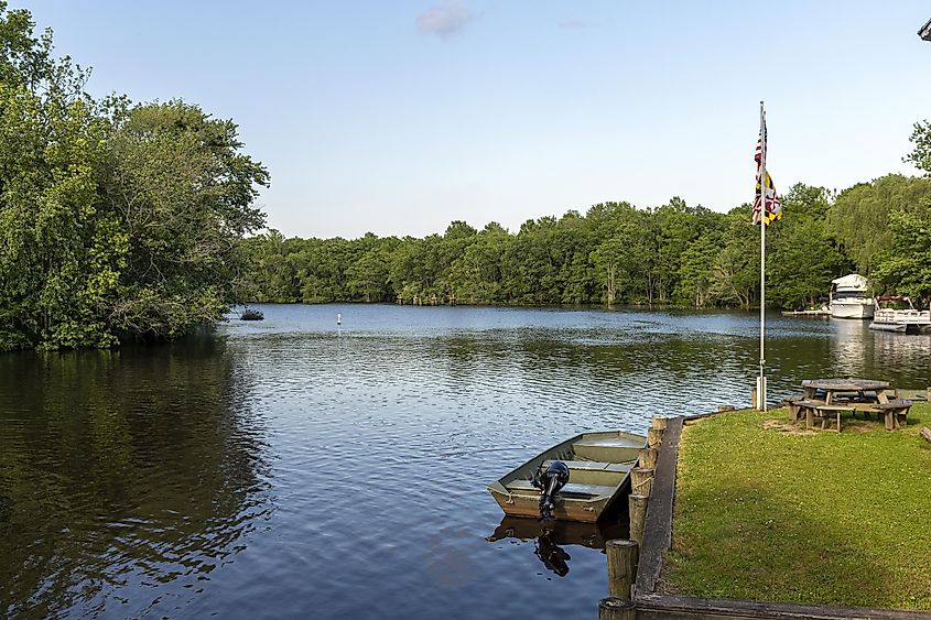 The Pocomoke River looking north at Snow Hill, Maryland, USA