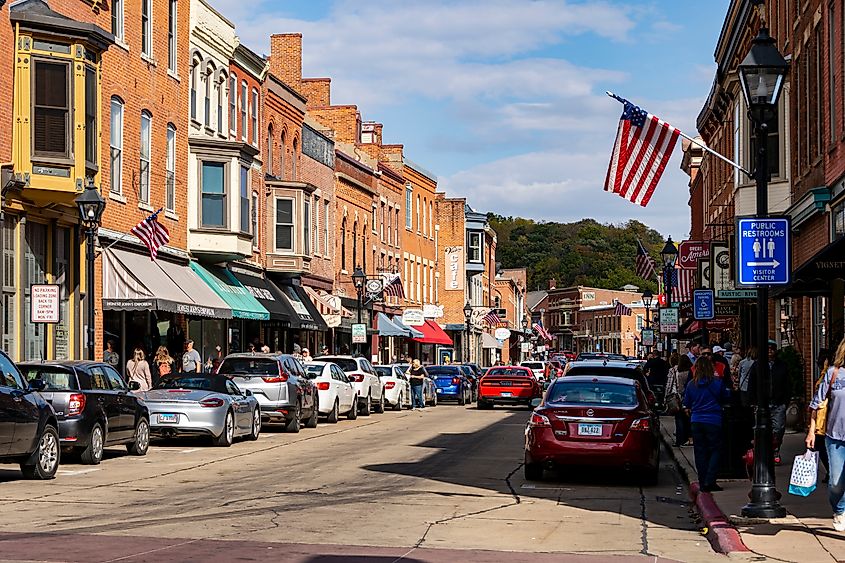 View of Main Street in historical downtown area of Galena, Illinois