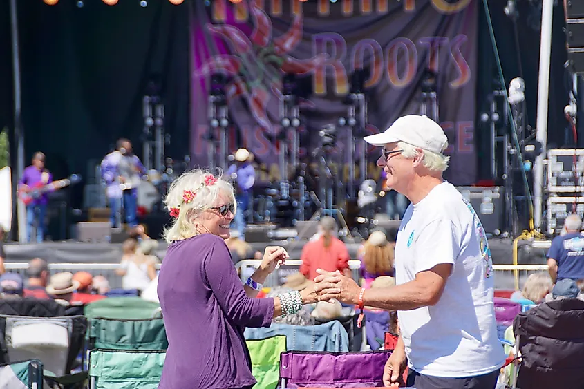 People dancing during the Rhythm and Roots Festival in Charlestown, Rhode Island.