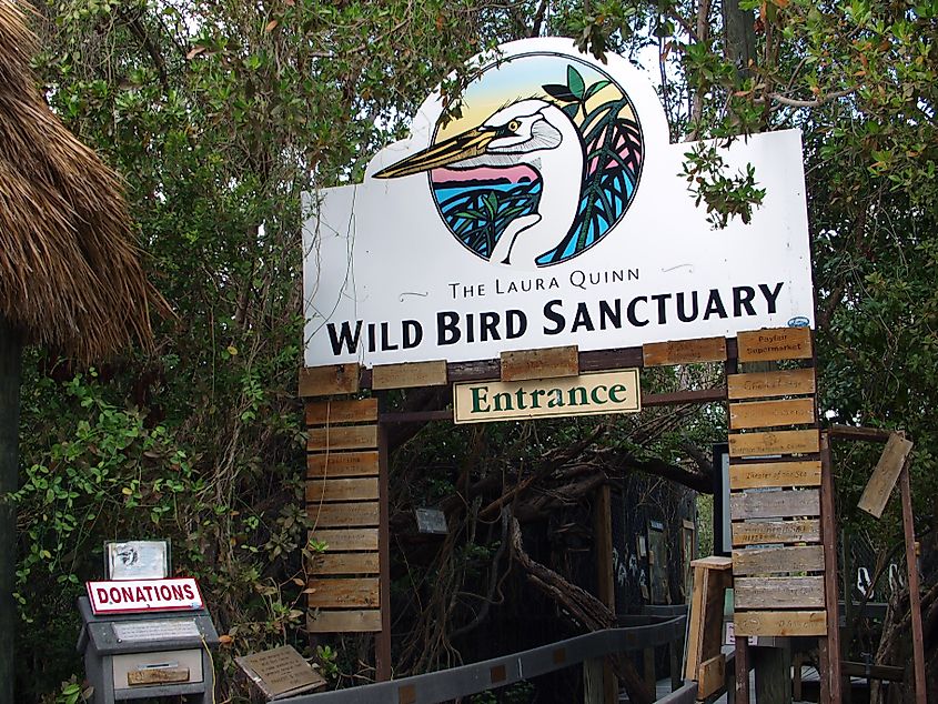 Sign for the Laura Quinn Wild Bird Sanctuary in Tavernier, Florida.