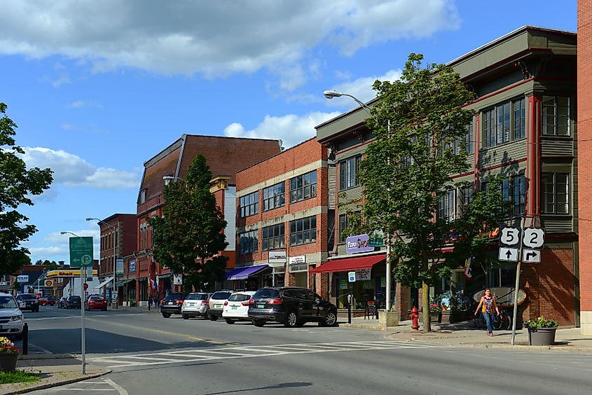 Historic Buildings on Railroad Street in Downtown St. Johnsbury, Vermont, USA.