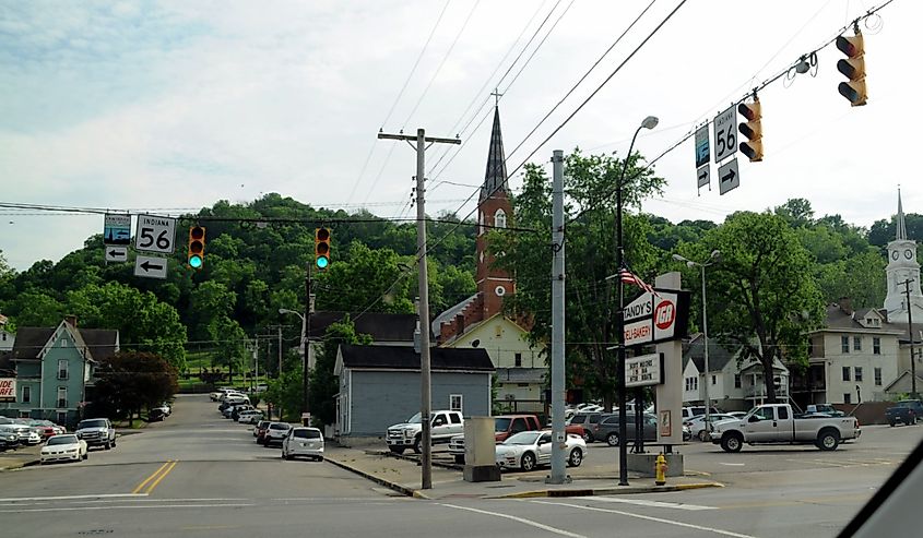 Downtown streets in Aurora, Indiana.