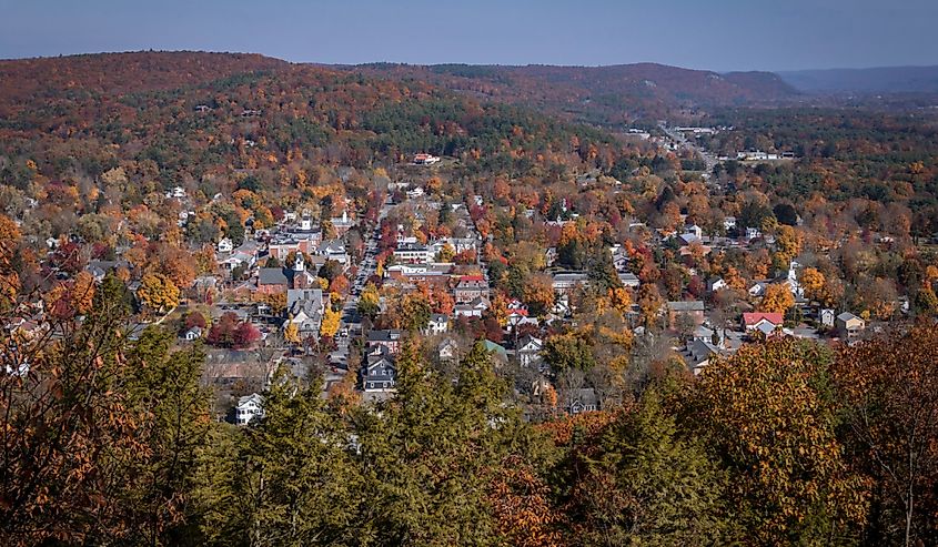 Overlooking small town Milford from scenic overlook on a sunny fall day