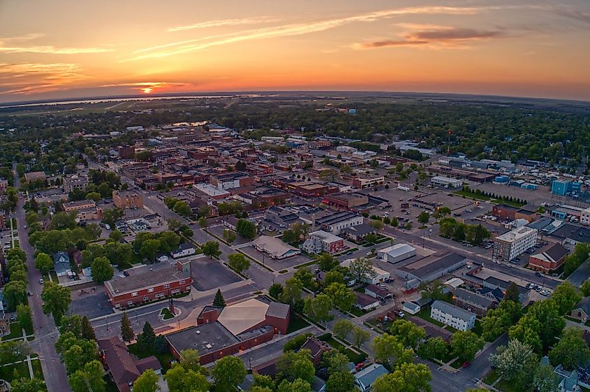 Aerial view of Watertown, South Dakota during a summer sunset.
