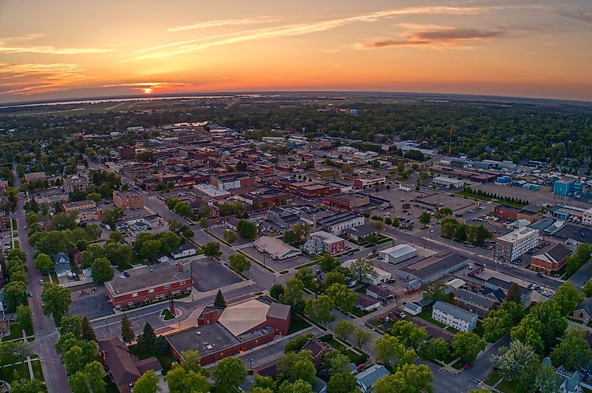 Aerial view of Watertown, South Dakota during a summer sunset. 