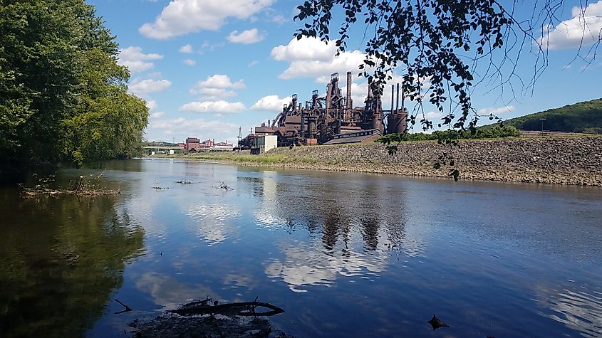 View of Bethlehem Steel along the Lehigh River in Bethlehem, Pennsylvania.