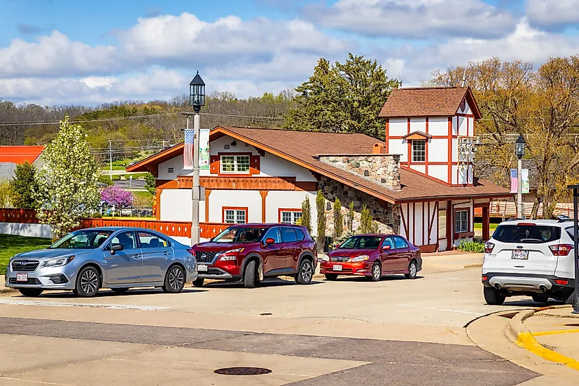 Charming Swiss-style houses and scenic streets of New Glarus, Wisconsin.