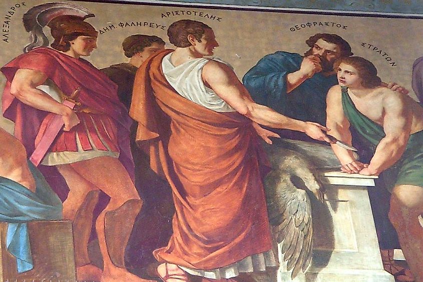 Detail of the right-hand facade fresco, showing Aristotle and His Disciples. National and Kapodistrian University of Athens.