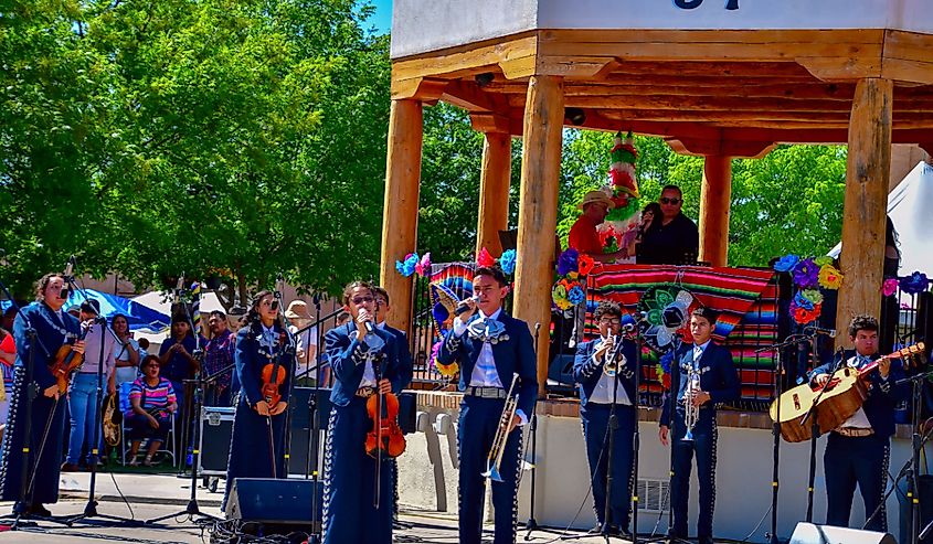  Cinco de Mayo celebration Mariachi band playing in the Mesilla, New Mexico town square, celebrating Cinco de Mayo.