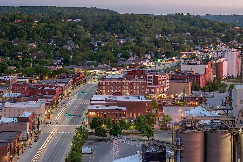 A long-exposure shot of downtown Red Wing, Minnesota, during a summer twilight.