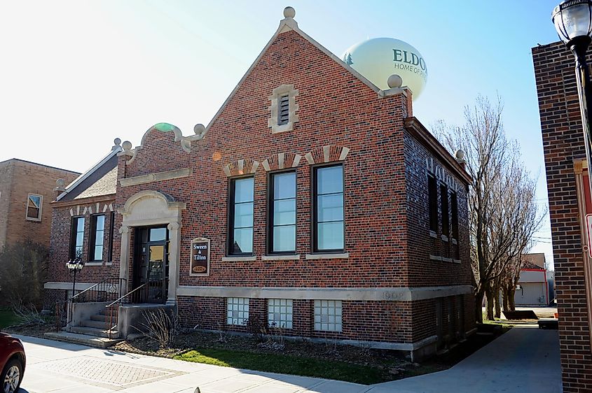 The Eldora Public Library in Iowa, a brick building with a classic design.