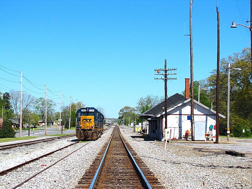 CSX railroad tracks and old depot in Tullahoma, Tennessee, United States.