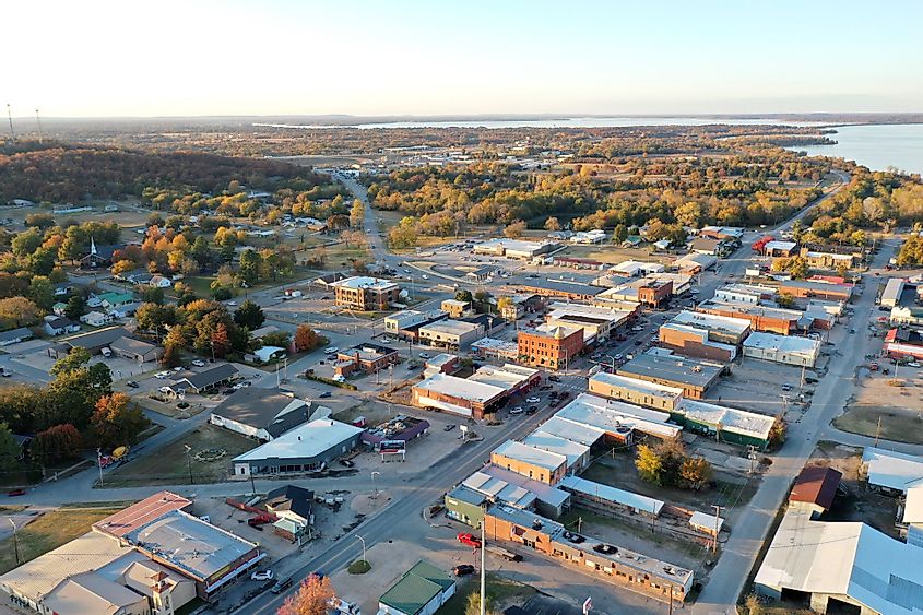 Aerial view of the historic downtown of Eufaula, Oklahoma during fall.