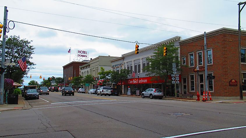 Downtown street in Clare, Michigan.