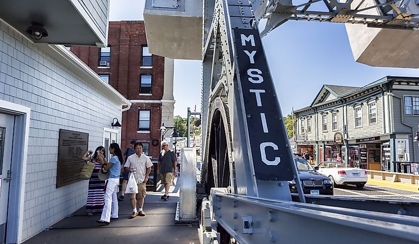 The Mystic bascule bridge spans the Mystic river in Connecticut.