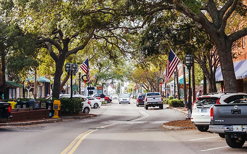 Main street of historic town center of Fernandina Beach on Amelia Island