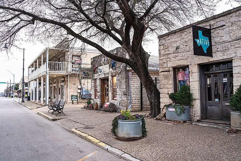 Historic storefronts along Main Street in Fredericksburg, Texas.