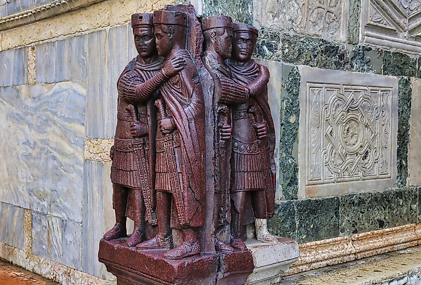 The porphyry sculpture group of the Four Tetrarchs at St Mark's Basilica in Venice, Italy.