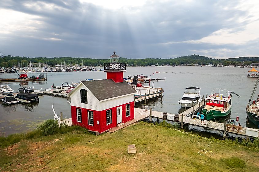Scenic aerial view of Douglas light house red painted wall in the Michigan state.