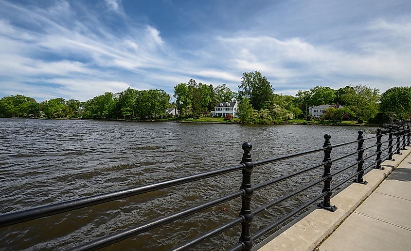 Springtime view of homes along the shore of Brainerd Lake in Cranbury, New Jersey