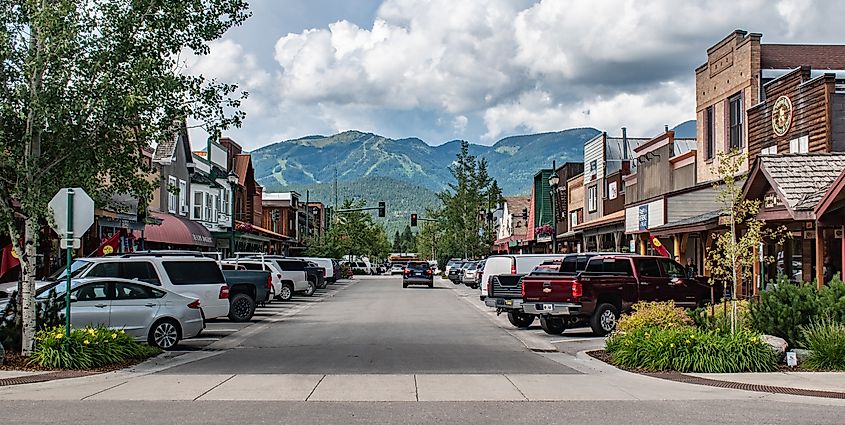 Downtown Whitefish Montana with the ski resort in the distance.