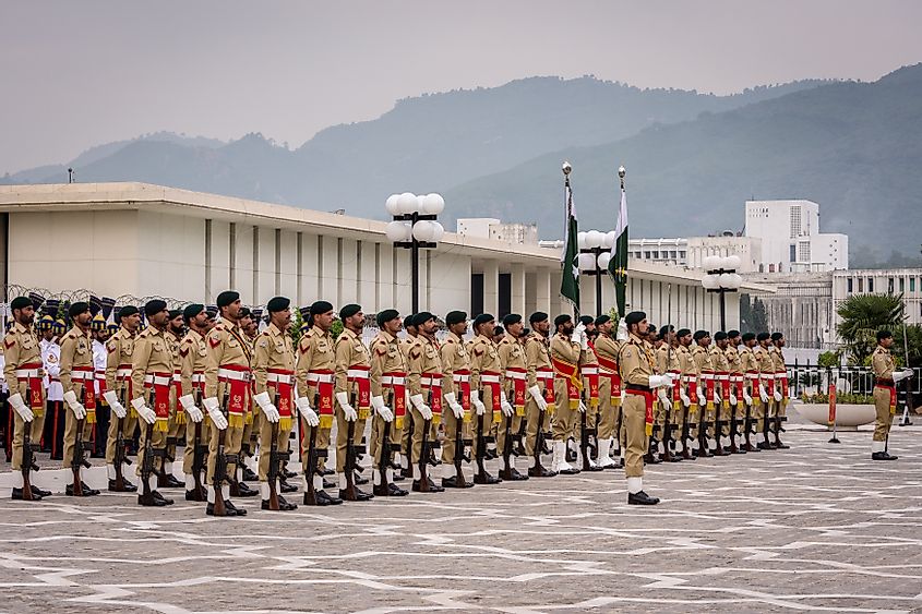 Guard of Honor Battalion of the Pakistan Army, during the official ceremony at the Aiwan-e-Sadr Presidential Palace of the President of Pakistan.