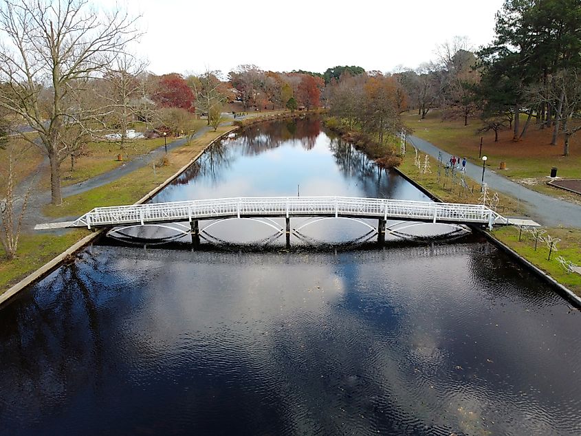 Aerial view of Salisbury City Park bridge and lake during fall, Salisbury, Maryland.