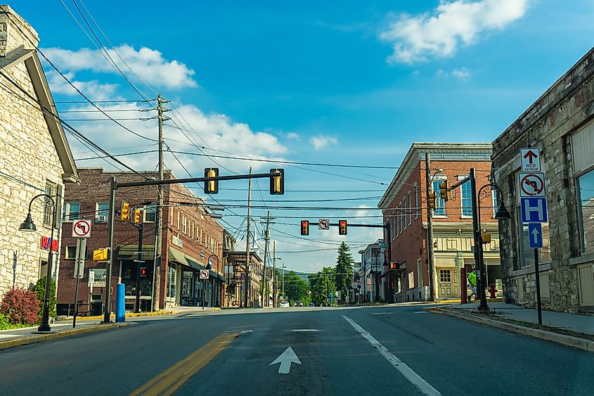 Wooden and brick buildings in Bedford, Pennsylvania.