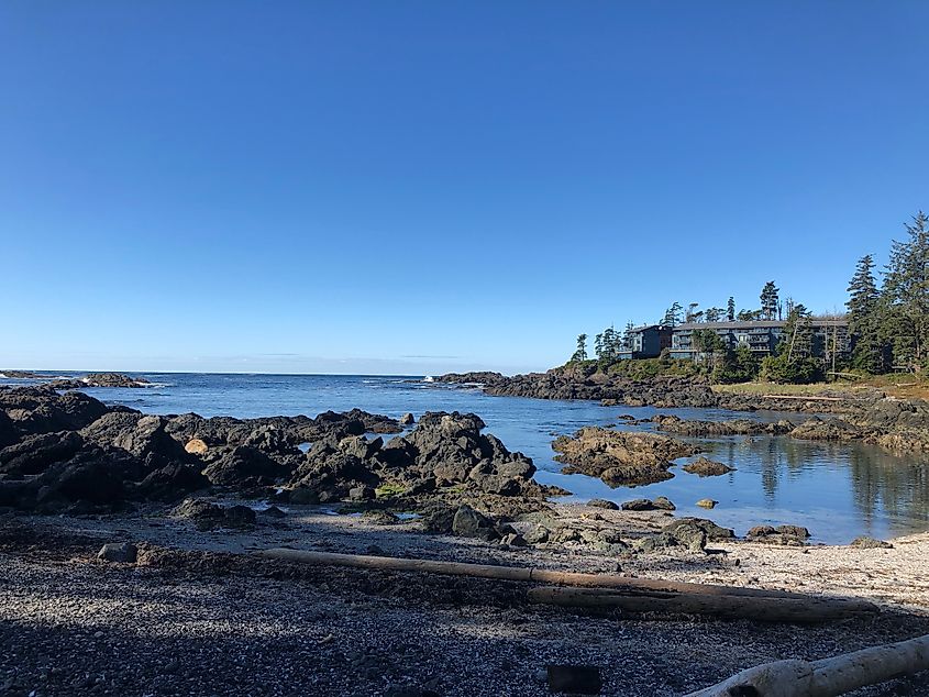 View across Big Beach, Ucluelet to Black Rock Resort on Edge of Pacific Ocean, Vancouver Island, BC. Canada