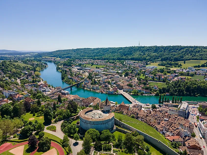 Aerial view over the old town of Schaffhausen, Switzerland.