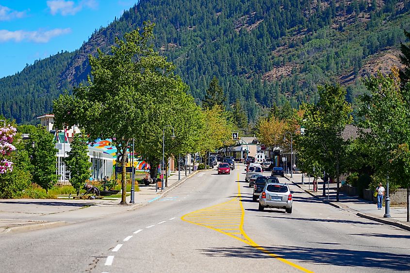 Street in downtown Castlegar in the West Kootenay region of British Columbia, Canada.