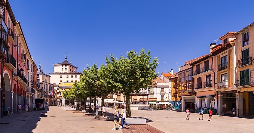 Main square with porticoes, traditional wooden and wrought-iron balconies in Aranda de Duero, Burgos, Spain