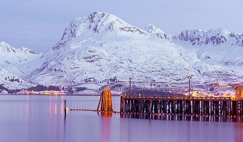 Night view of the small town of Valdez in Alaska. 