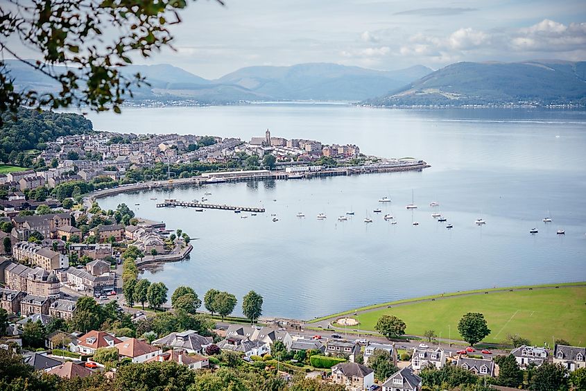 A view of Gourock and Gourock Bay on the Firth of Clyde, seen from the viewpoint on Lyle Hill, Greenock, Inverclyde, Scotland.