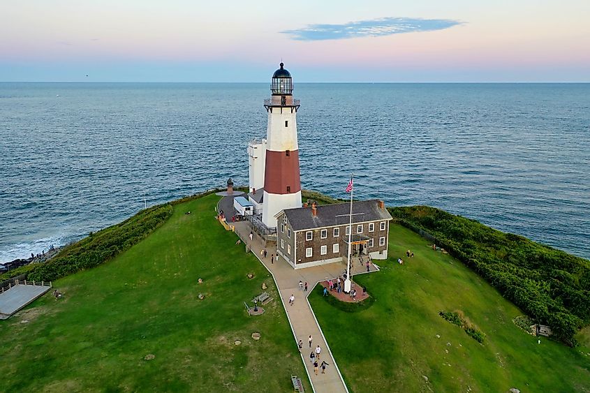 Aerial view of Montauk Lighthouse and beach in Montauk, Long Island, New York