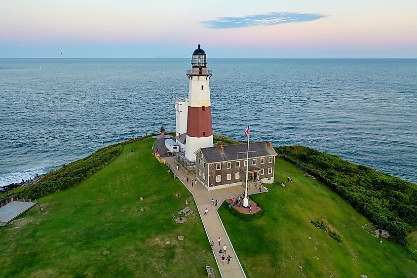 Aerial view of Montauk Lighthouse and Beach in Montauk, Long Island, New York