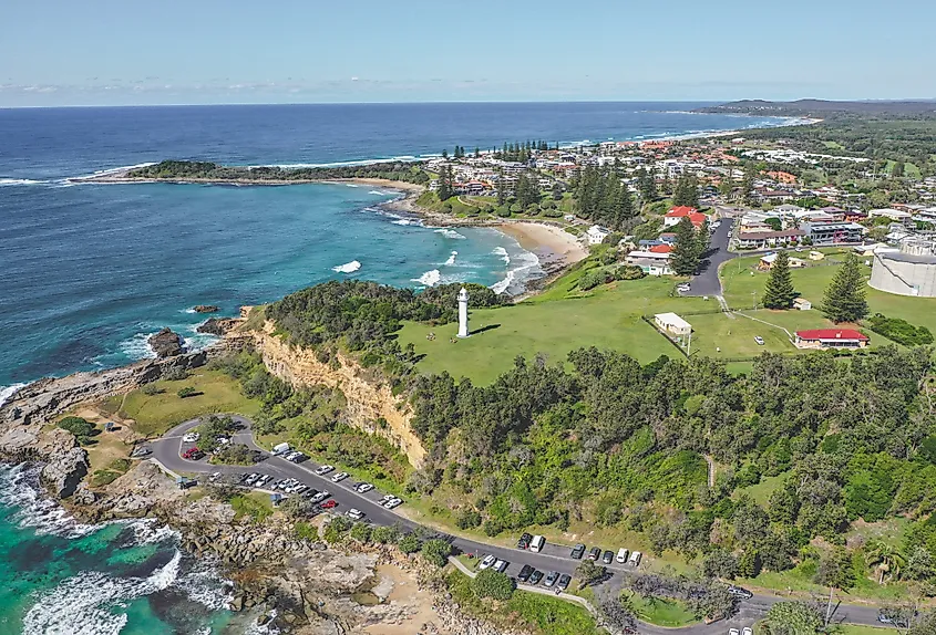 Aerial view of the lighthouse in Yamba, New South Wales, Australia.