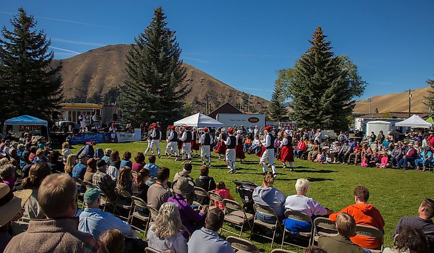 Basque dancers performing at the trailing of the sheep festival in Hailey, Idaho.