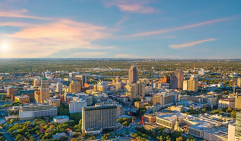 The River Walk and skyline of San Antonio, Texas.