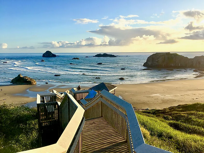 Stairway leading down to rocky beach at Coquille Point in Bandon, Oregon