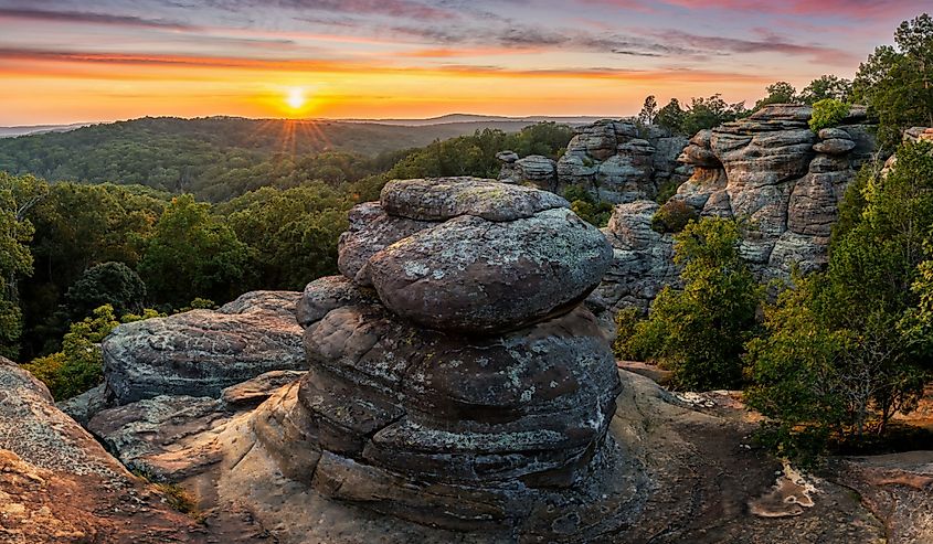 A colorful sunset over the sandstone hoodoo's at Shawnee National Forest's Garden of the Gods.