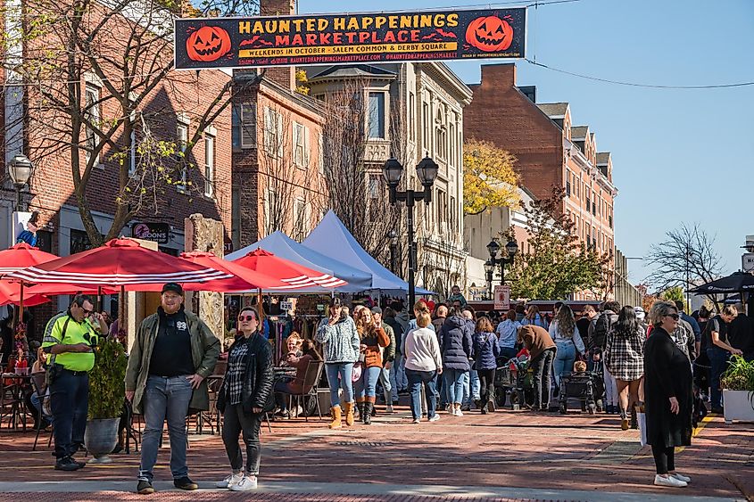 Visitors at Salem's Haunted Happenings event, celebrating the town's witch trials and Halloween.