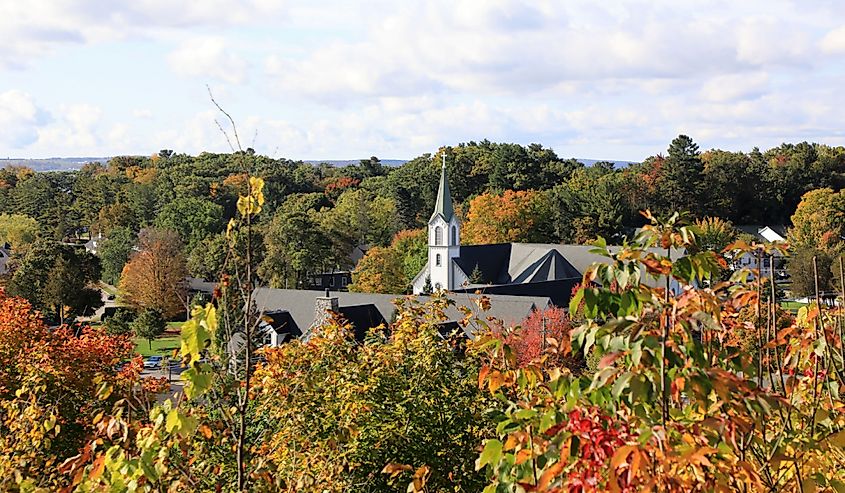 Aerial view of the resort town of Harbor Springs, Michigan in the early autumn