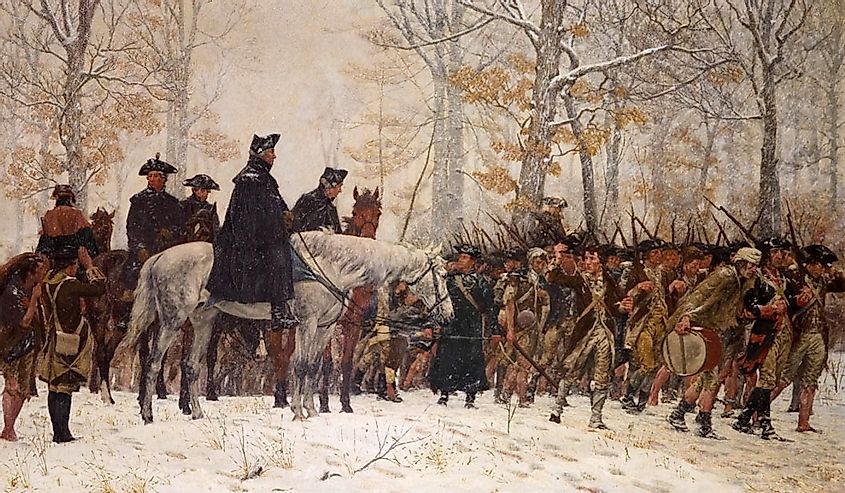 Painting depicting George Washington leading the Continental Army to Valley Forge in 1777.