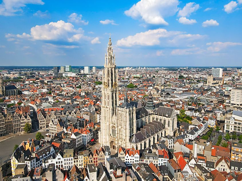 The panoramic aerial view of Antwerp historic center and Cathedral of Our Lady in Antwerp city, Belgium