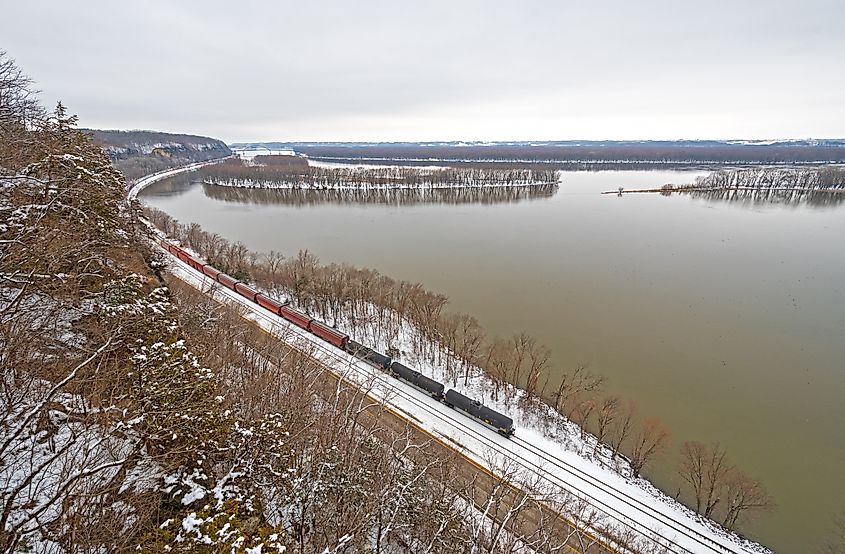 Trains running along the Great River Road near Savanna, Illinois