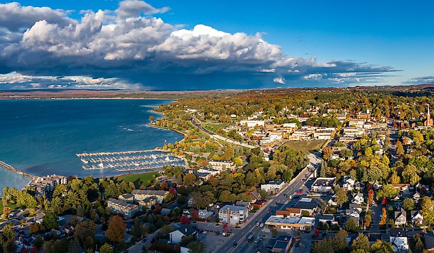 Aerial view of Petoskey, Northern Michigan, autumn evening light