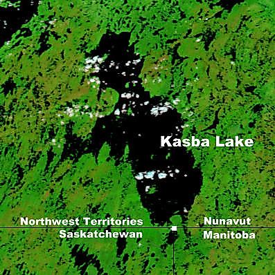 Portion of NASA map showing Kasba Lake in the Northwest Territories and Nunavut near the Saskatchewan and Manitoba borders.