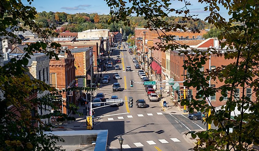 Cityscape view of Stillwater Minnesota from an aerial overlook in the fall